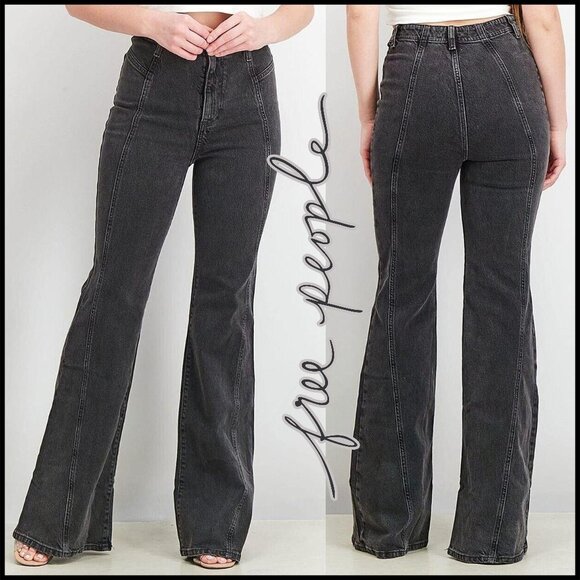 Free People We The Free Florence High Rise Flare Jeans in Black Coal - Picture 1 of 7